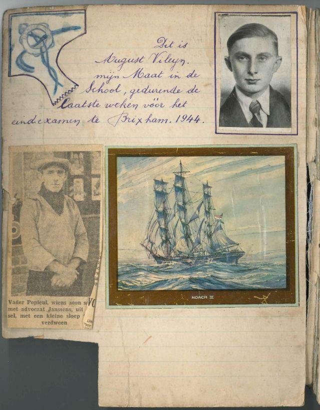 Een herinnering aan August Vileyn, op de kaft van het notitieboek van Andreas. “Dit is August Vileyn, mijn maat in de School, gedurende de laatste weken voor het eindexamen te Brixham. 1944.”